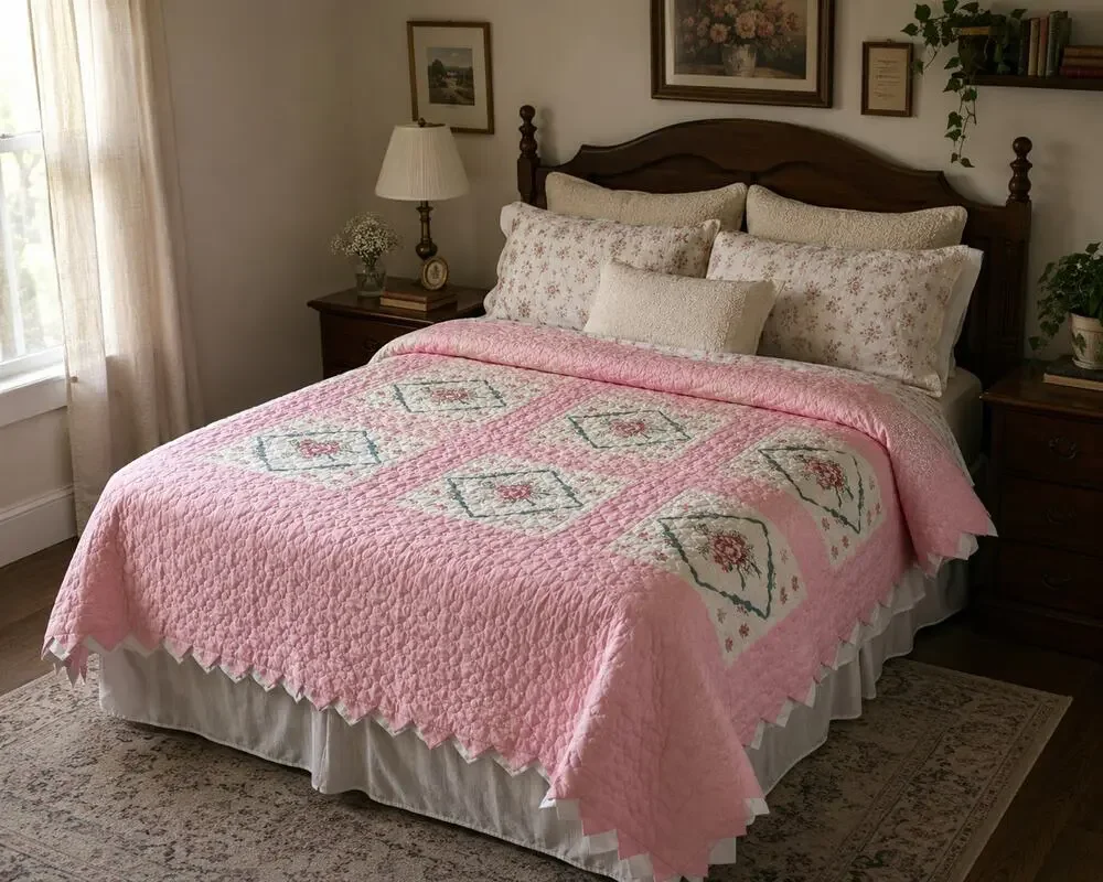 Vintage Hand Painted Floral Quilt Prairie Point Edge Cottagecore Queen 92 x 90